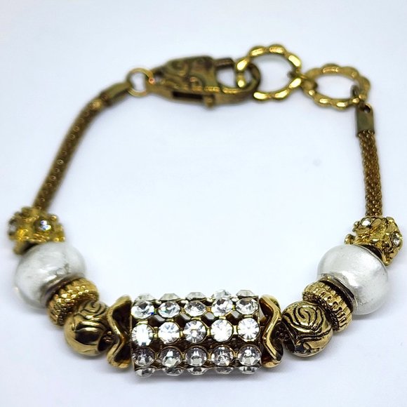 Gold and White Rhinestone Beaded Charm Lobster Claw Clasp Bracelet - Picture 7 of 8